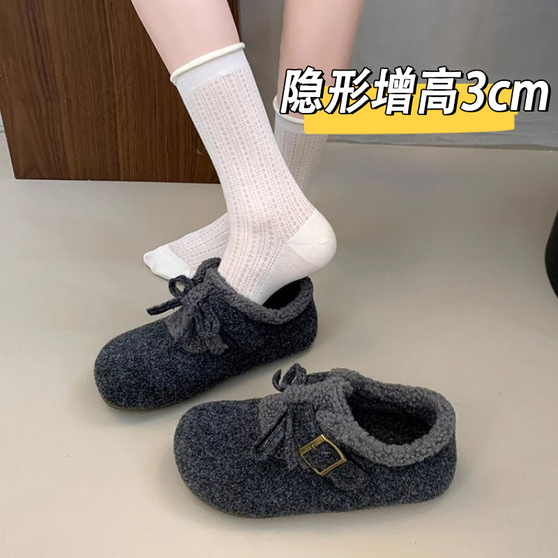 特价毛呢内增高加绒勃肯鞋女2025秋冬款一脚蹬加绒毛毛鞋保暖棉鞋