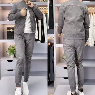 休闲套装 2166男士 子网红同款 外套裤 帅两件套水洗牛仔复古做旧 秋季