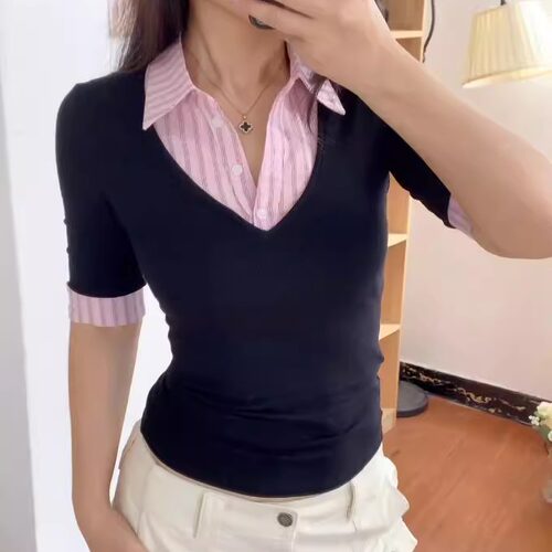 jim粉色衬衣领韩系针织假两件修身收腰上衣女