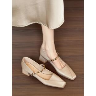 大码女鞋41到43胖脚宽肥法式晚晚风高跟鞋女配裙子粗跟玛丽珍单鞋