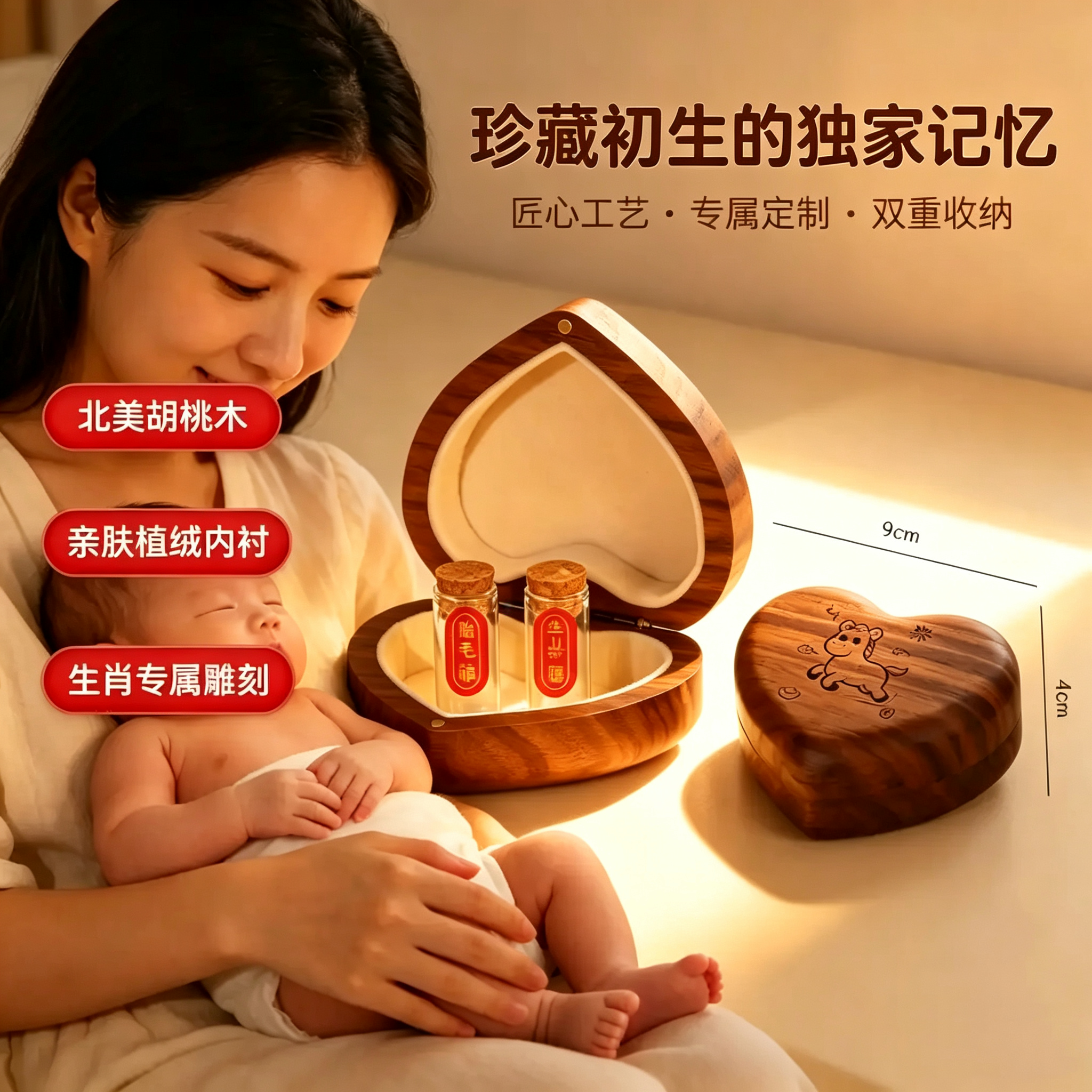 宝宝心形收藏盒胎发脐带纪念盒肚脐带保存盒新生婴儿百天纪念收藏