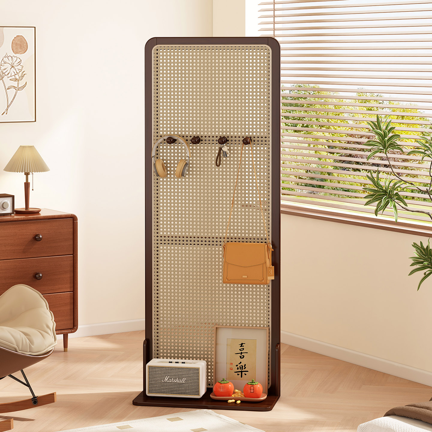 可移动屏风隔断卧室宋代美学藤编折屏家用背景墙茶室玄关折叠座屏