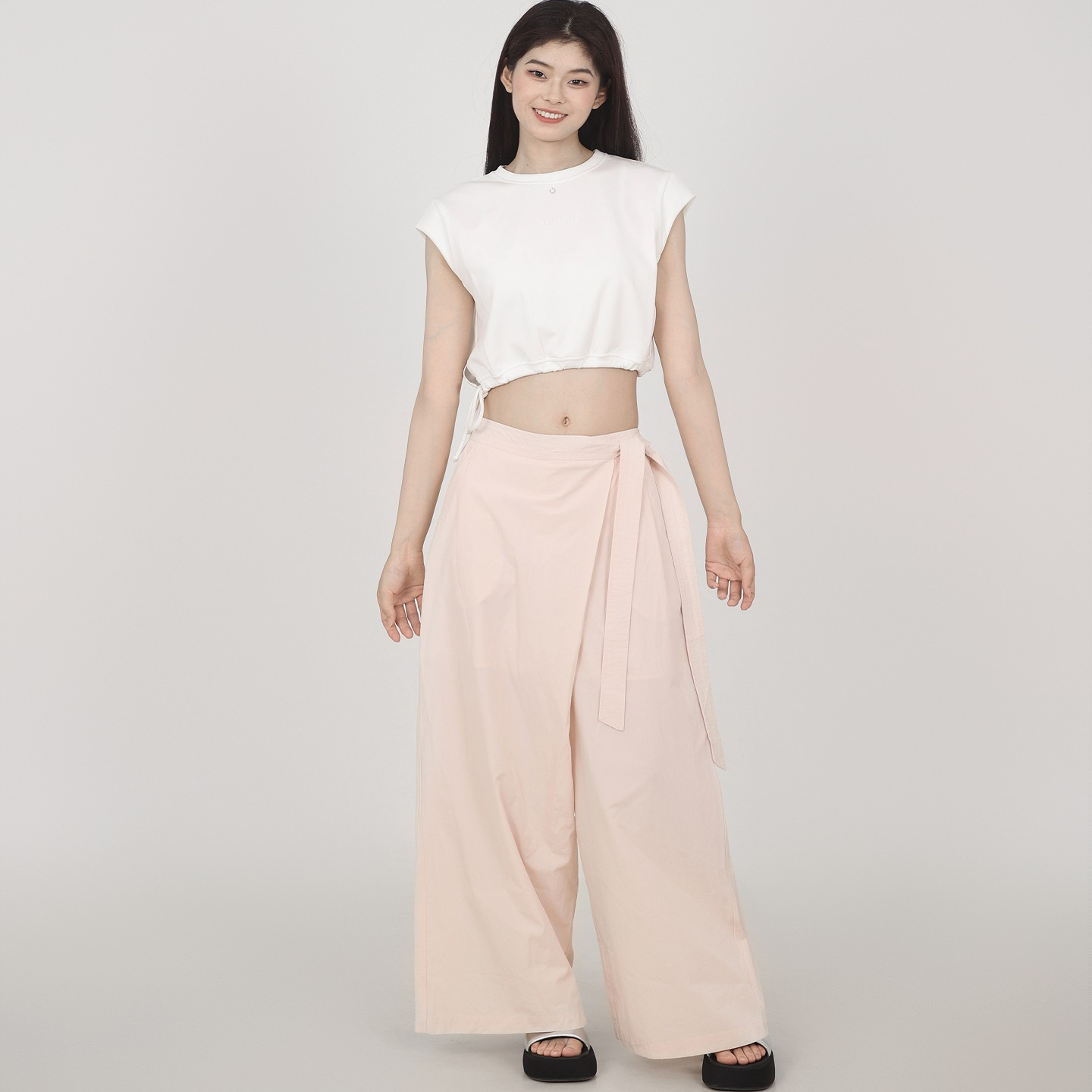 棉锦纶圆领露脐短袖抽绳收腰无袖运动T恤