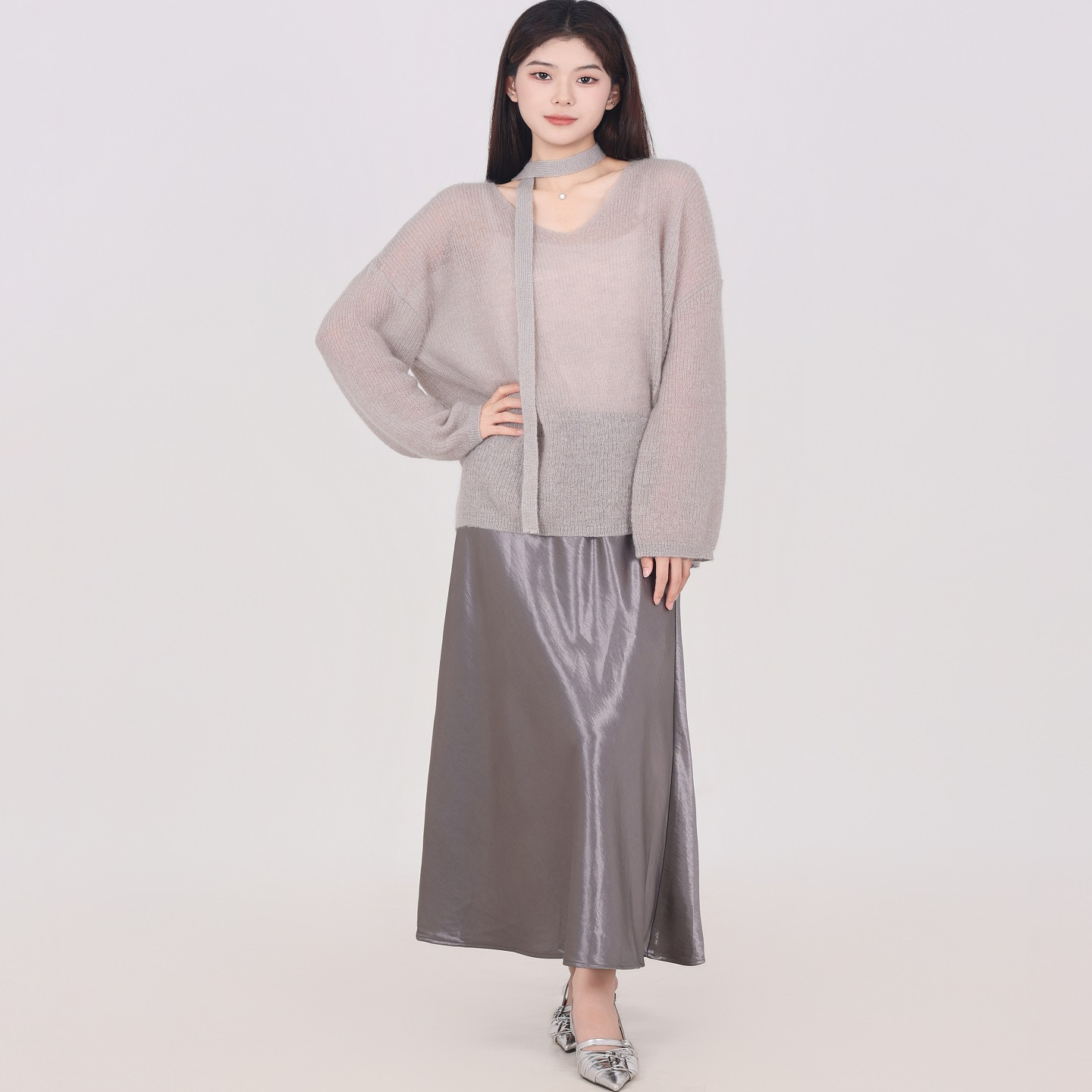 DongAction宠动 极简松弛感马海毛飘带毛衣缎面鱼尾半身裙套装