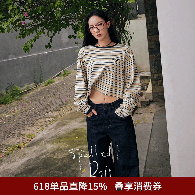 SPELLEDIT2026春季新品条纹短款长袖T恤复古风休闲宽松上衣女