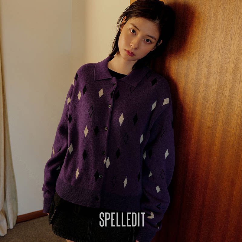SPELLEDIT2026秋季新品提花翻领针织开衫韩版复古纽扣开衫毛衣