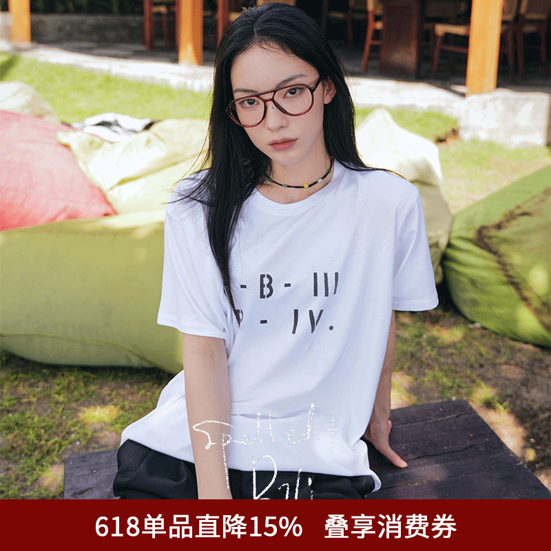 SPELLEDIT春季新品军风T恤个性字母印花上衣宽松休闲复古短袖女