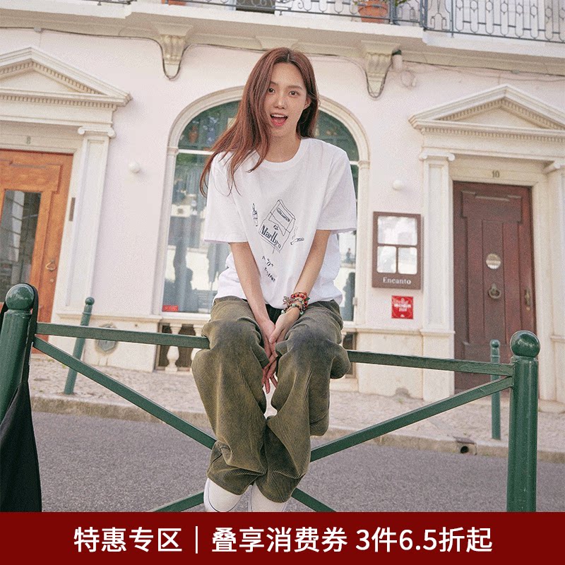 SPELLEDIT秋款万宝路T恤手绘时尚印花韩系短袖上衣女