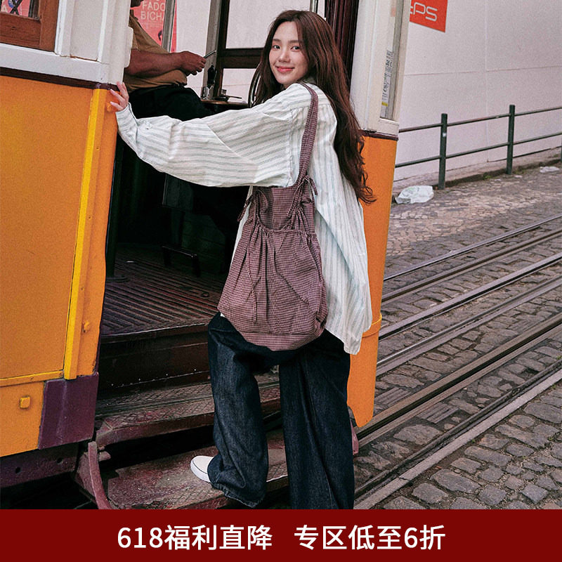 SPELLEDIT秋季新品法式格纹抽褶包多口袋大容量时尚单肩包女