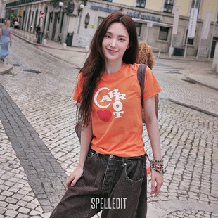 SPELLEDIT2025秋季 棉质上衣女 新品 胡萝卜T恤趣味性印花打底短袖