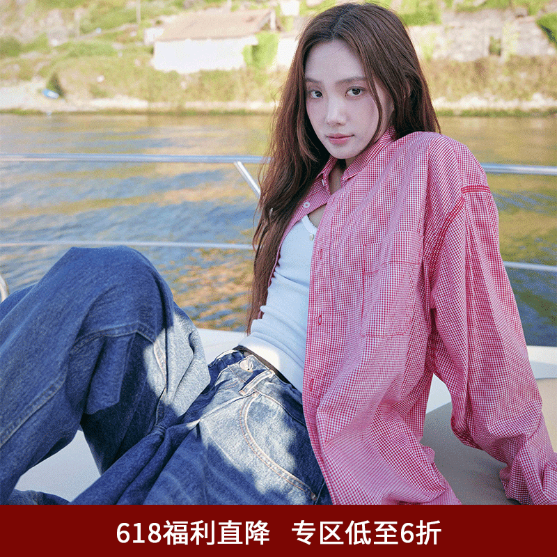 SPELLEDIT秋季新品小方格宽松衬衫复古格纹长袖衬衣女