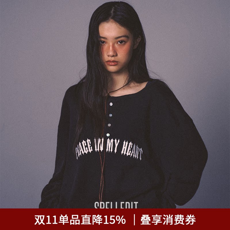 SPELLEDIT2026秋季新品排扣领长袖T恤慵懒中性设计感宽松上衣女