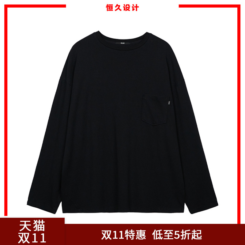 SPELLEDIT新品口袋长袖T恤纯色休闲简约宽松棉质舒适百搭上衣女