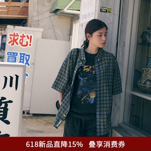 SPELLEDIT2026夏季新品复古格纹短袖衬衫宽松翻领格子开衫短袖女