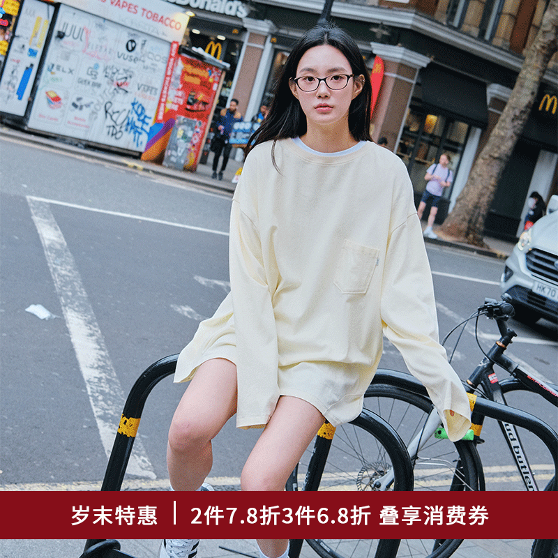 SPELLEDIT新品口袋长袖T恤纯色休闲简约宽松棉质舒适百搭上衣女