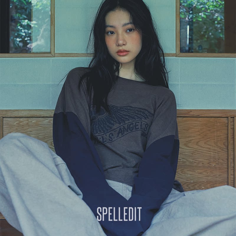 SPELLEDIT2026冬季新品拼色长袖T恤复古落肩版型慵懒风长袖上衣女