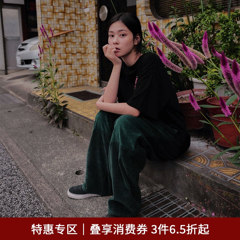 SPELLEDIT秋款灯芯绒拼接休闲裤复古宽松阔腿直筒长裤女