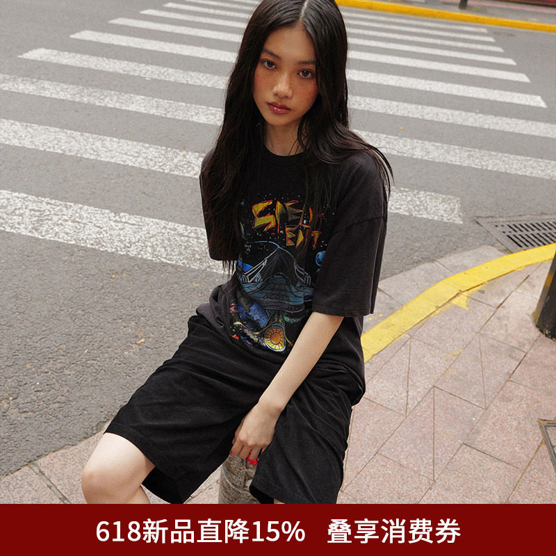 SPELLEDIT2026夏季新品宇宙T恤复古街头个性印花短袖上衣男女同款