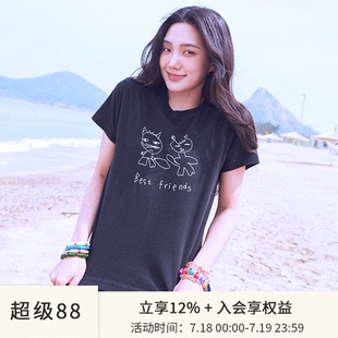 棉上衣女 SPELLEDIT2025年夏季 新品 猫朋友T恤趣味印花宽松薄款 短袖