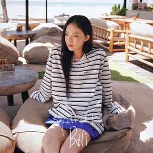 T恤休闲复古风上衣宽松女装 撞色条纹长袖 新品 SPELLEDIT2026年春季