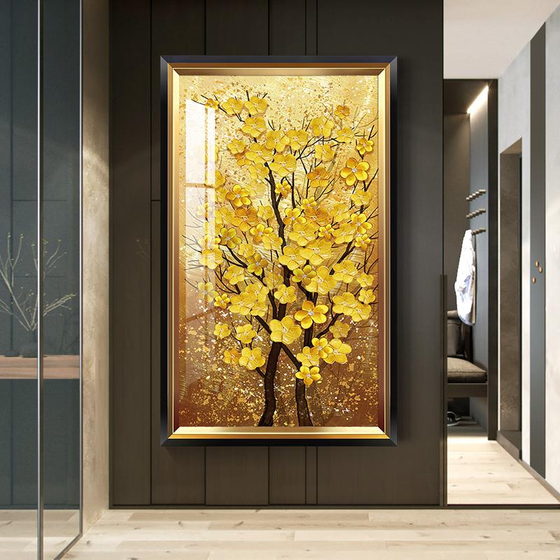 网红发财树玄关装饰画欧式轻奢入户走廊壁画现代竖版高档黄金过道图片