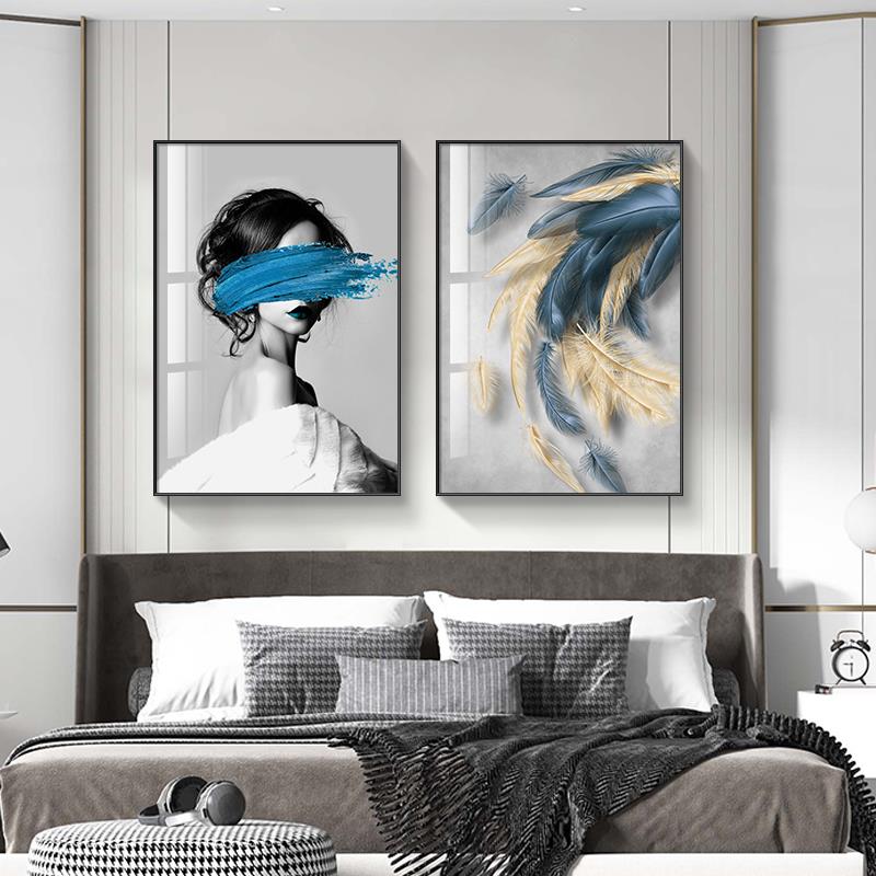 网红现代简约卧室装饰画人物羽毛组合客厅挂画竖版床头壁画轻奢抽