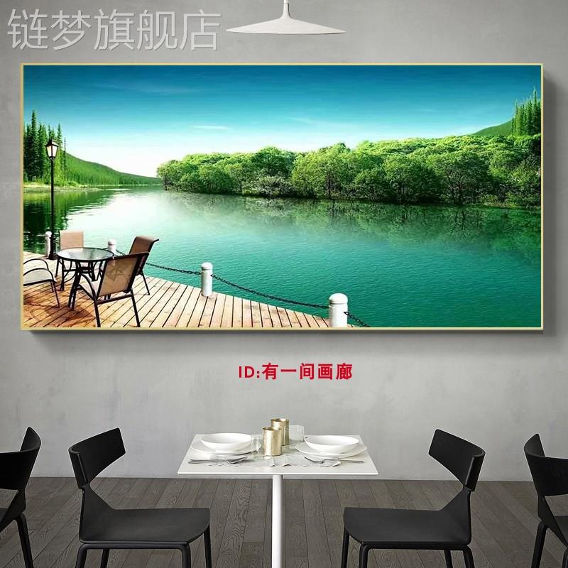 网红轻客厅沙山墙流生财装饰画晶瓷水画高奢清发湖泊风景画青树林图片