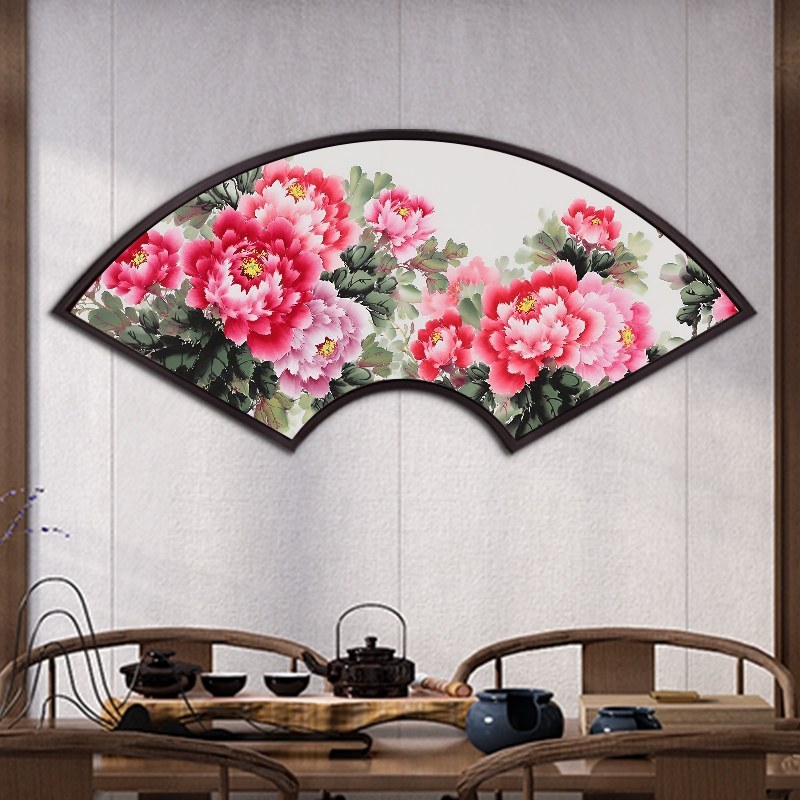 网红扇形花开富贵牡丹图挂画新中式玄关招财大气装饰画客厅扇型墙