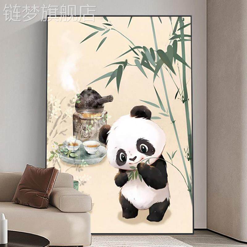 网红新中式简装饰竹熊猫主题装饰画现代约喷绘装饰画客厅玄关饰画