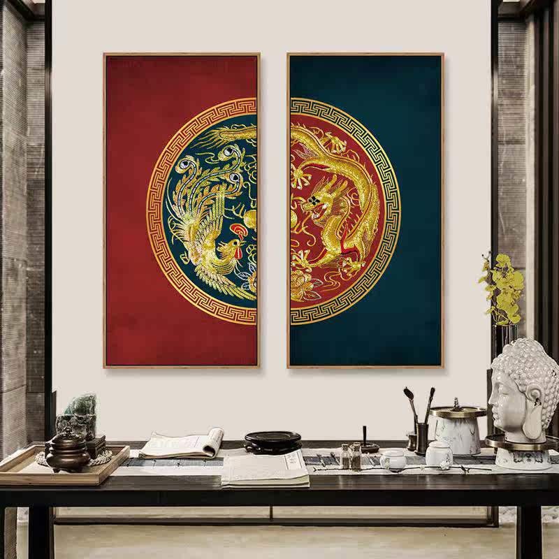 80*160CM新中式吉祥装饰画中国风龙凤壁画木色外框布艺画