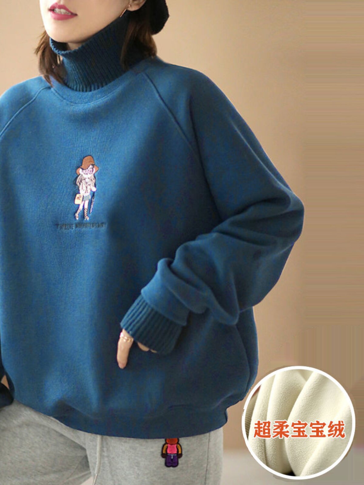 [COTTON] VELVET THICKENED TURTLENECK SWEATSHIRT WOMENS WINTER NEW KOREAN VERSION LOOSE HEAVY INDUSTRY EMBROIDERY CASUAL TOP TRENDY