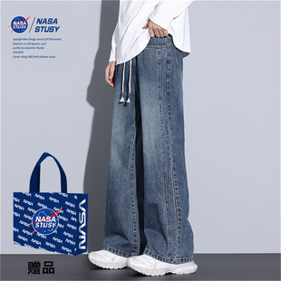 NASA STUSY美式高街2026秋冬装宽松直筒牛仔裤加绒男款休闲长裤子