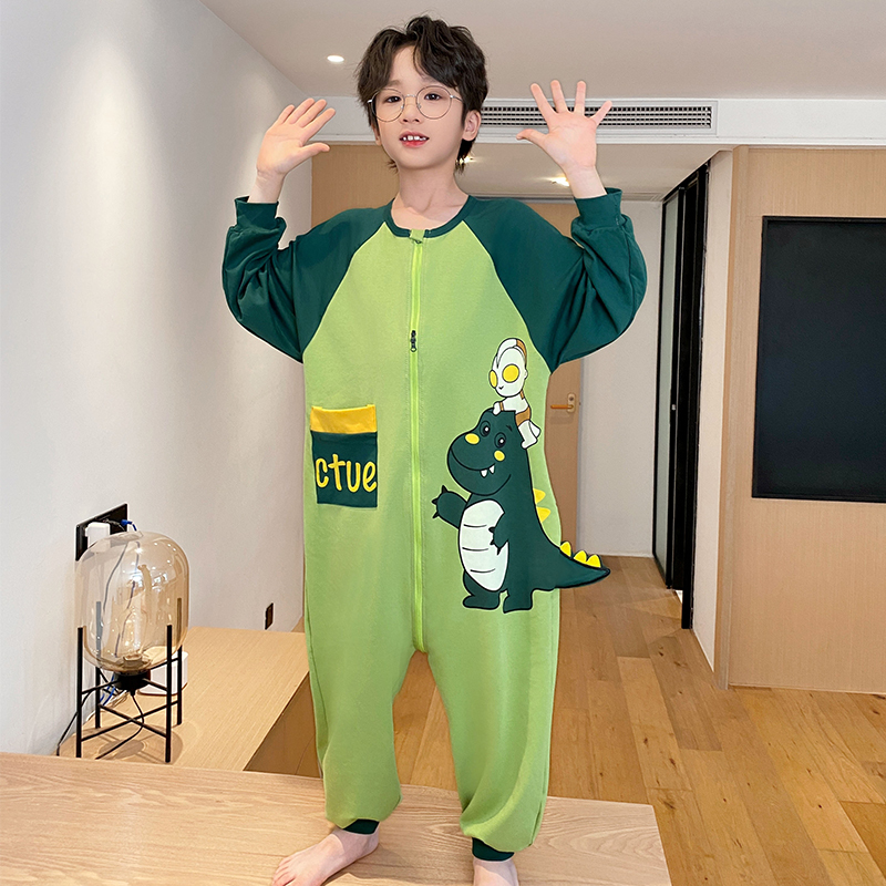 男童连体睡衣春秋纯棉长袖儿童宝宝家居服中大童卡通全棉防踢睡袋