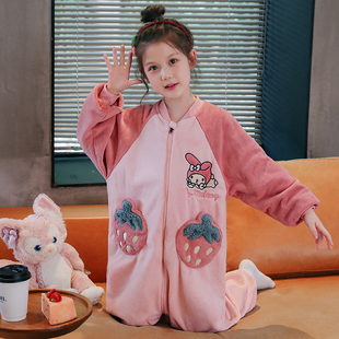 儿童连体睡衣秋冬季法兰绒宝宝睡袋女童珊瑚绒女孩防踢着凉家居服