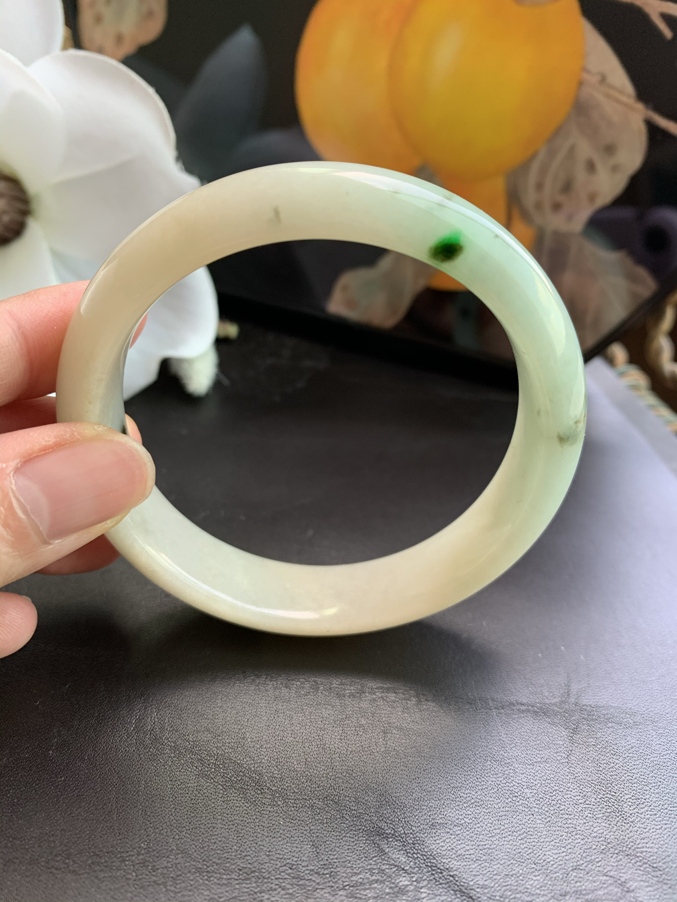 天然翡翠A货手镯一镯一图胶感十足特色焦糖布丁黄加绿辣阳绿飘花