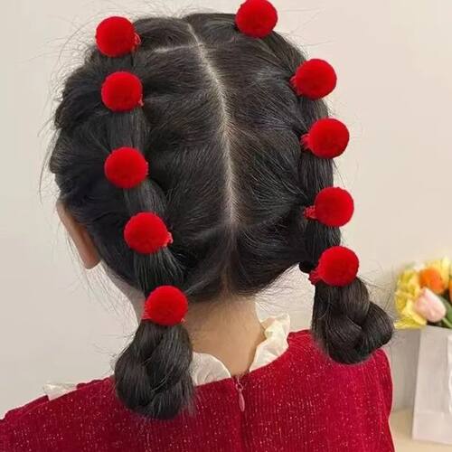 女童新年红高弹毛球拇指发圈