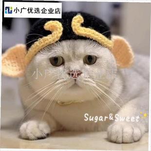 猫咪猪八戒头套可爱编织宠物y变装帽子中小型犬狗狗头饰拍照道具\