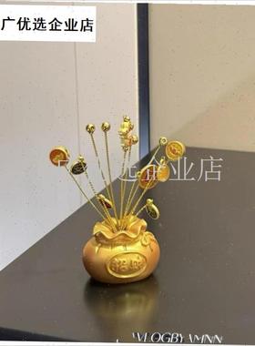 财运亨通招财聚宝盆钱袋新年摆件客厅玄关电视S机旁过年发财树装\