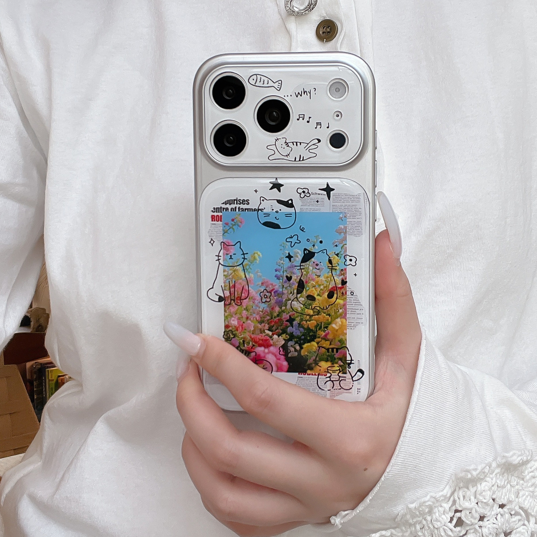 插画线条猫咪适用苹果17promax手机壳新款iPhone16防摔玻璃壳ip15镜头全包女款14pro高级感13创意个性外壳