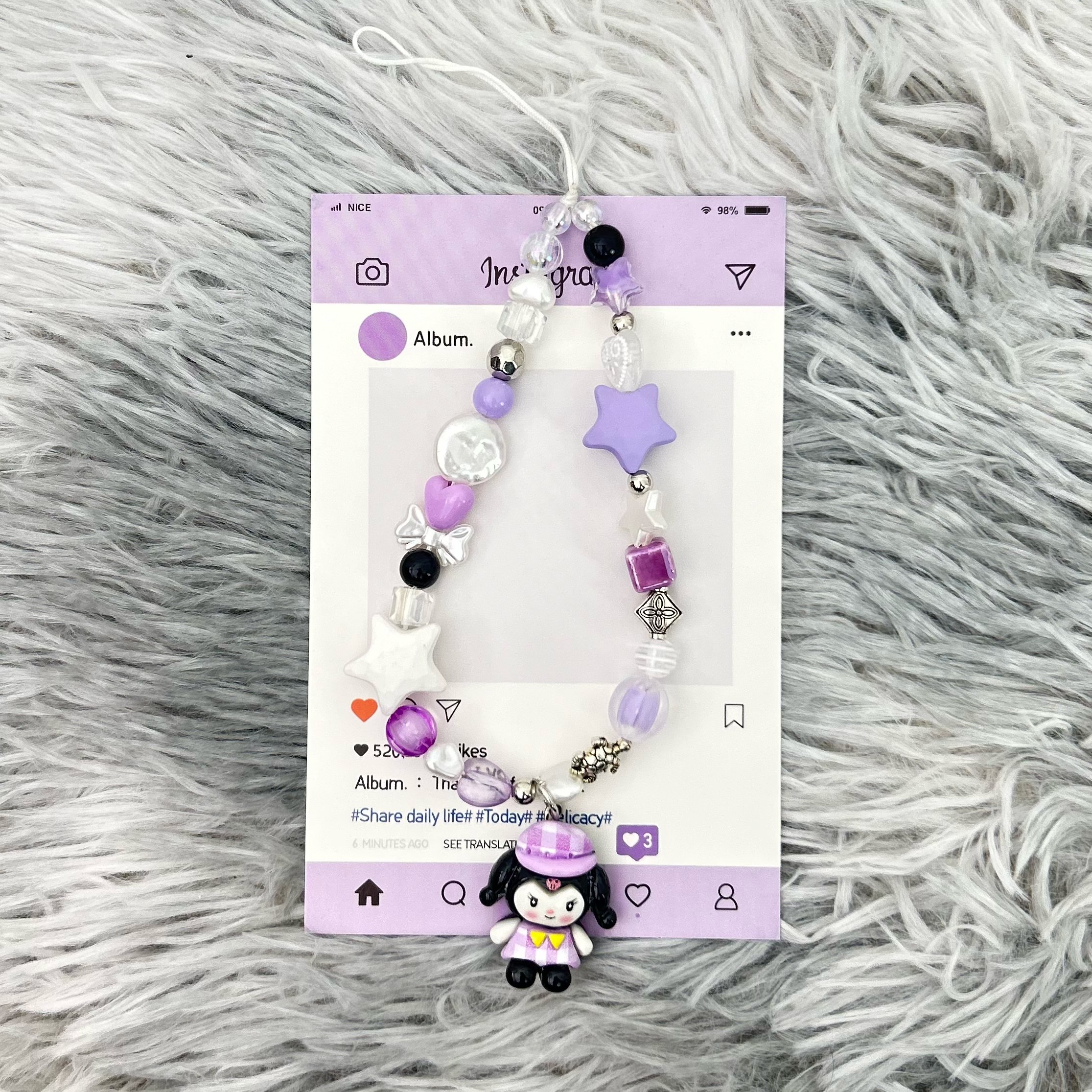 库洛米浅紫手机链可爱手机挂绳女款三丽鸥卡通挂链新款ccd相机挂件短款高级感手工珠串防摔吊坠个性百搭链条