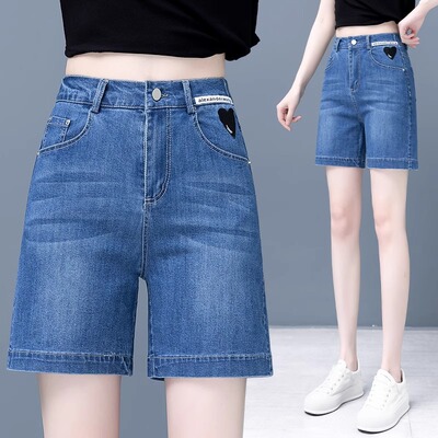 牛仔松紧短裤女夏季2025新款宽松A字刺绣直筒裤百搭阔腿休闲女裤
