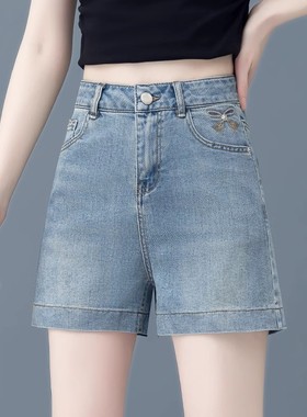 蓝色短裤牛仔裤女2025新款夏季薄款小个子高腰阔腿裤宽松直筒裤子