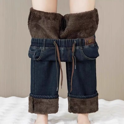 加绒加厚牛仔裤子女冬季2025新款保暖高腰宽松直筒复古窄版阔腿裤