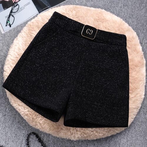 亮丝雪尼尔短裤女2025新款秋冬高腰毛呢显瘦黑色打底冬季靴裤外穿