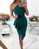 Draped Detail Slit Bandeau Party Dress一字肩抹胸礼服连衣裙