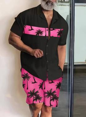2025夏季欧美男士夏威夷沙滩风印花衬衫短袖短裤套装潮Men's