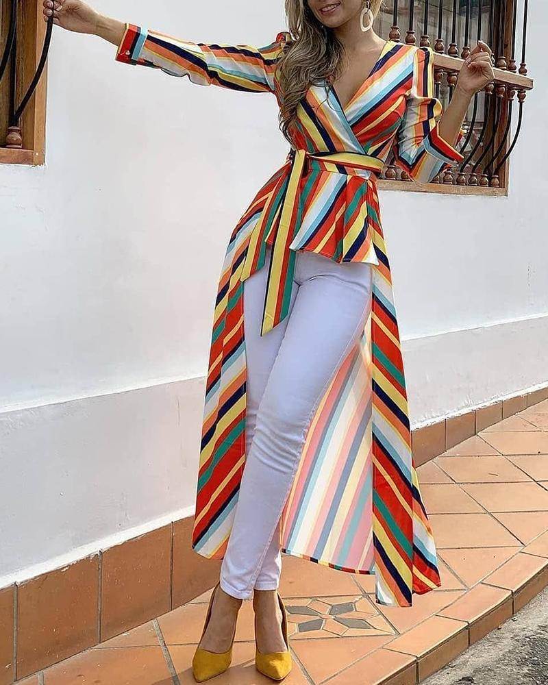彩色条纹前短后长衬衫女Women tops summer fashion blouse