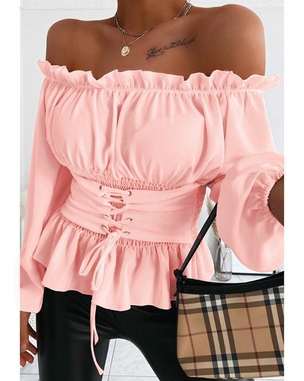 木耳边一字肩绑带上衣女women off shoulder lace-up tops summer