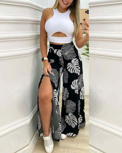 Cutout Crop Tops & Tropical Print Wide Leg Pants Set套装