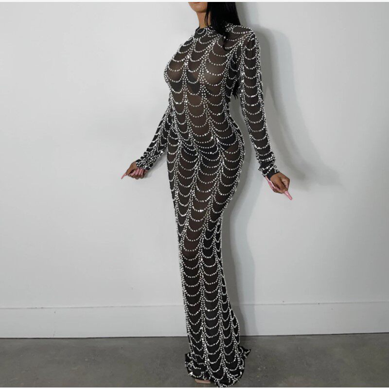 烫钻网纱透视长袖连衣裙 Mesh Perspective Long Sleeve Dress